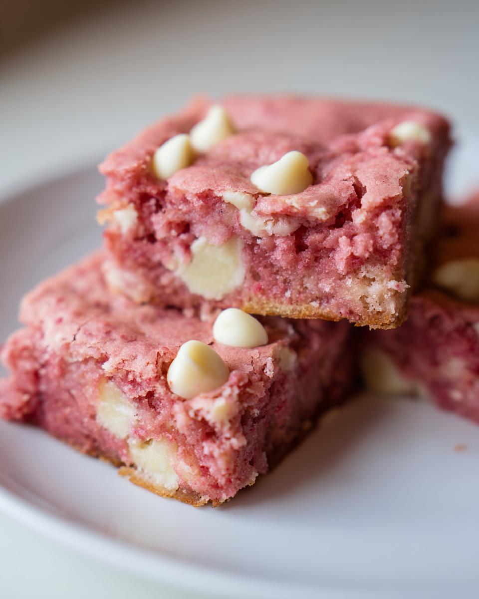 Close-up of stacked, chewy strawberry cake mix cookie bars studded with white chocolate chips.