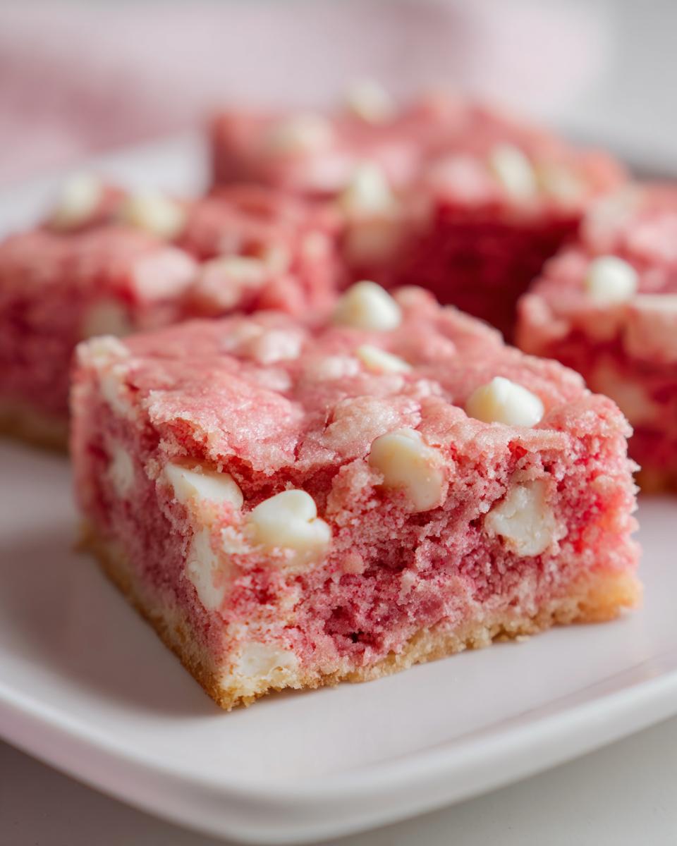 A close-up of a moist, pink strawberry cake mix cookie bars square topped with white chocolate chips.