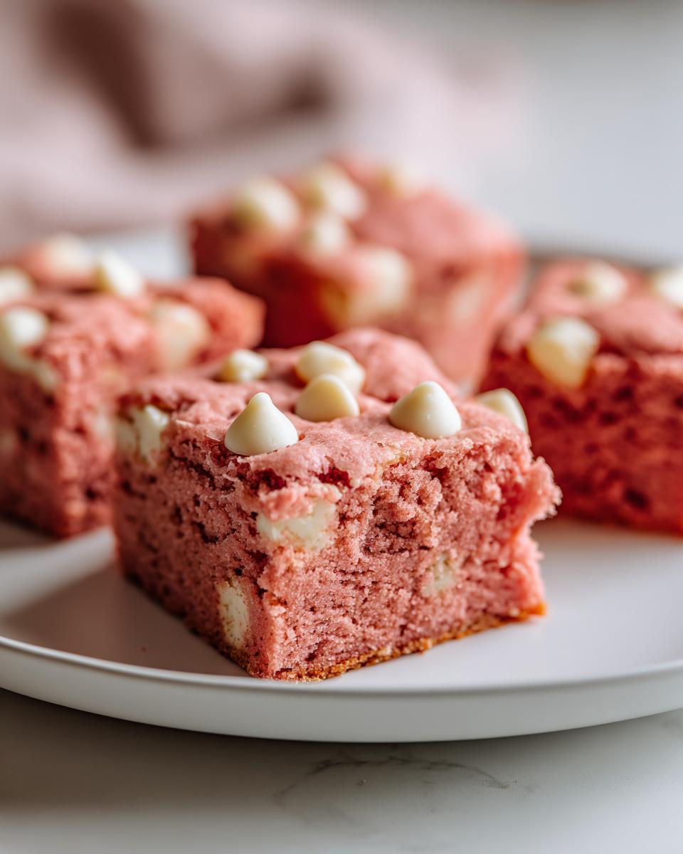 A close-up of a square strawberry cake mix cookie bars piece topped with white chocolate chips on a white plate.