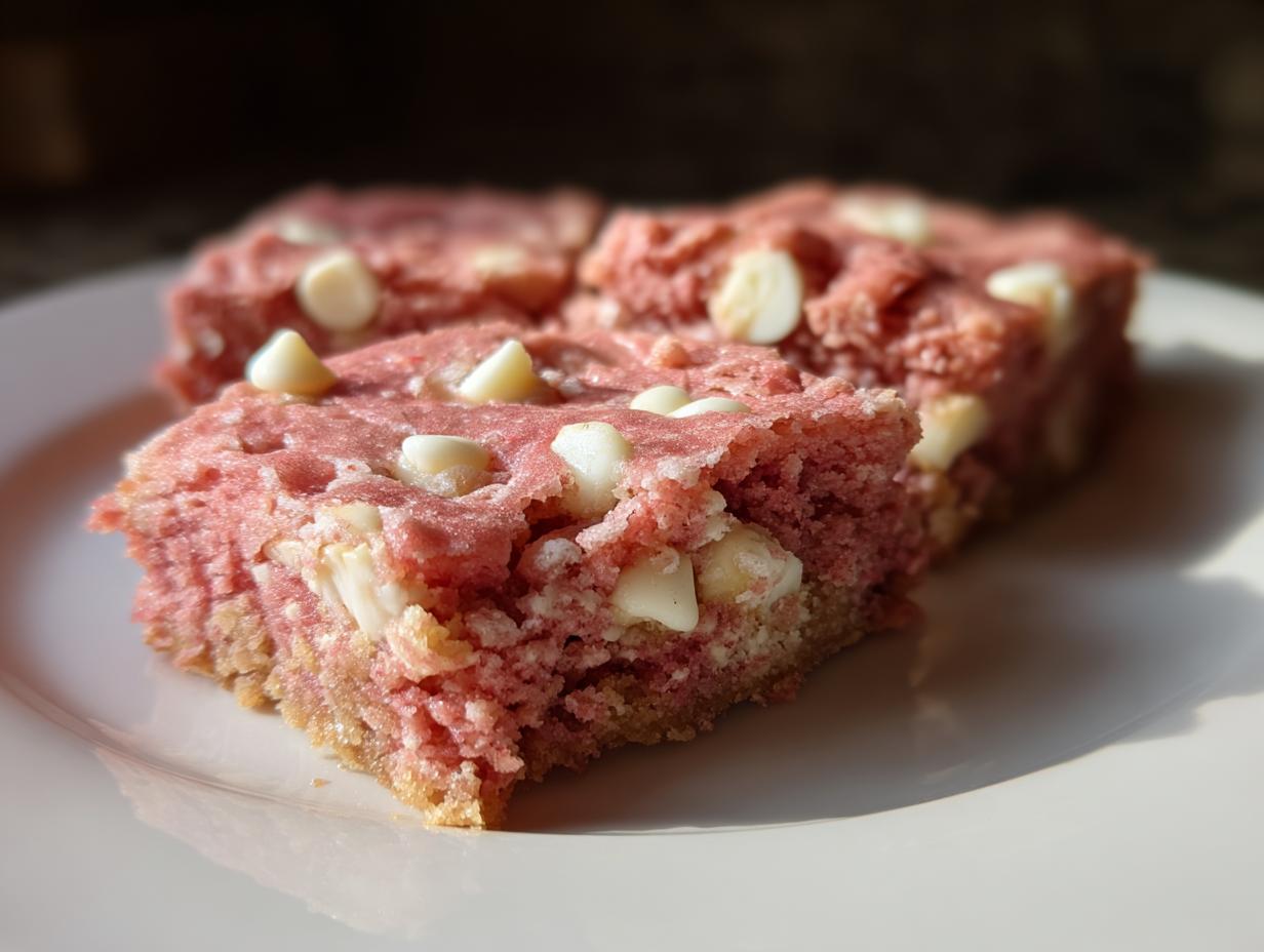 Two slices of bright pink strawberry cake mix cookie bars studded with white chocolate chips on a white plate.