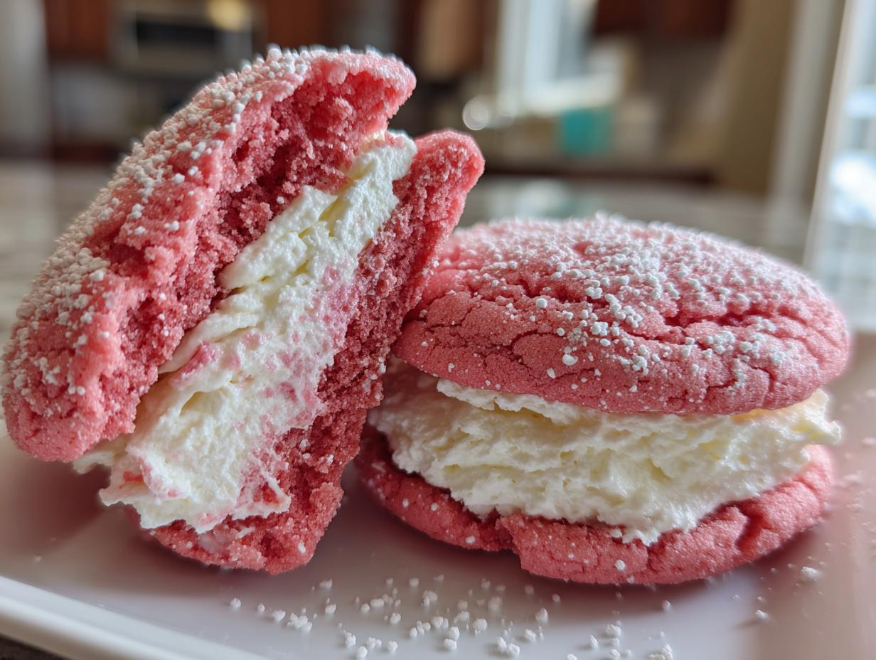 Two pink strawberry cake mix cookie sandwich halves filled with thick white cream frosting, dusted with powdered sugar.