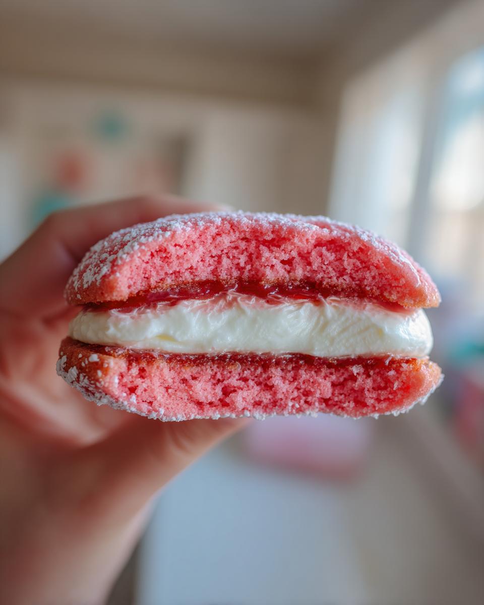 A close-up view of a bright pink strawberry cake mix cookie sandwich filled with white cream and jam.