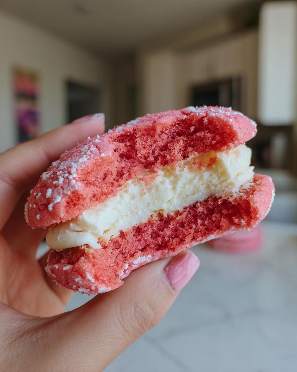 A hand holding a bitten strawberry cake mix cookie sandwich revealing bright pink cake layers and creamy white filling.