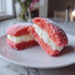 A strawberry cake mix cookie sandwich cut in half showing the thick cream filling.