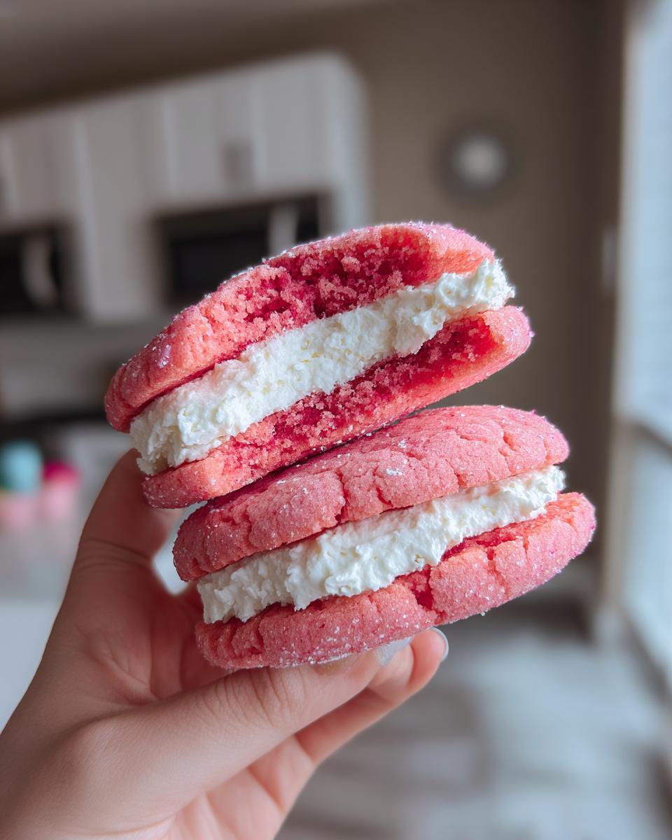 A hand holding two bright pink strawberry cake mix cookie sandwiches filled with white cream frosting.