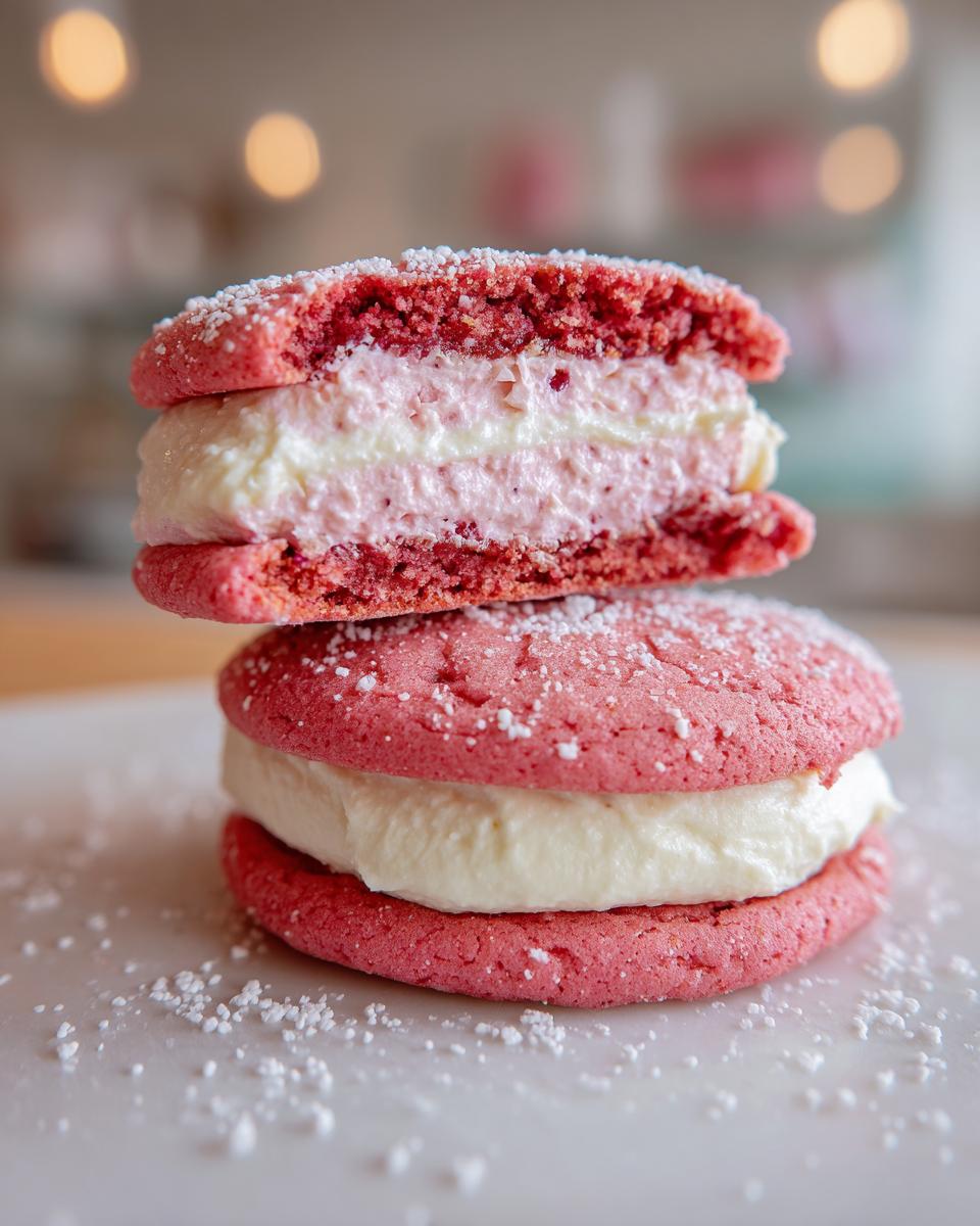 Two stacked strawberry cake mix cookie sandwiches filled with creamy frosting, dusted with powdered sugar.