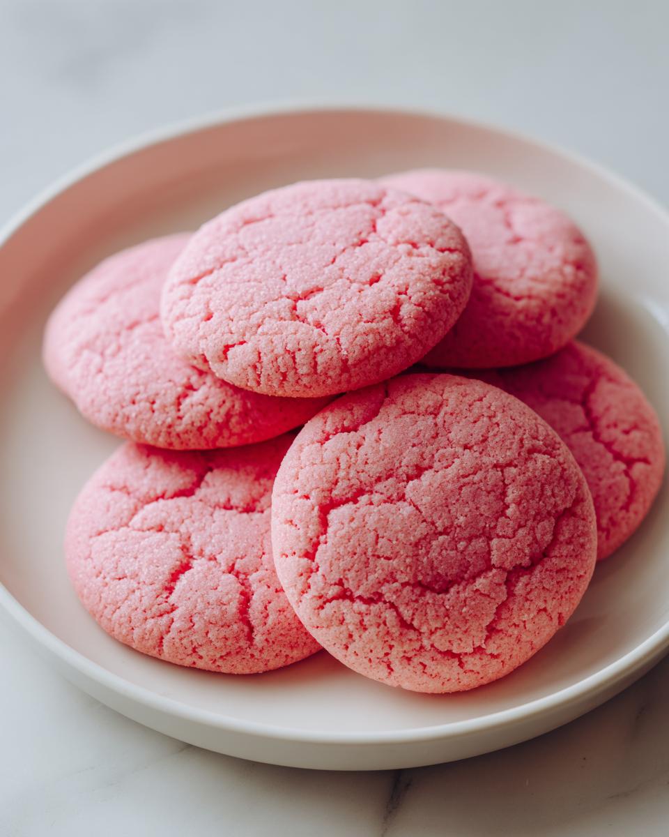 Close-up of several bright pink, crackled 3 ingredient strawberry cake mix cookies stacked on a white plate.