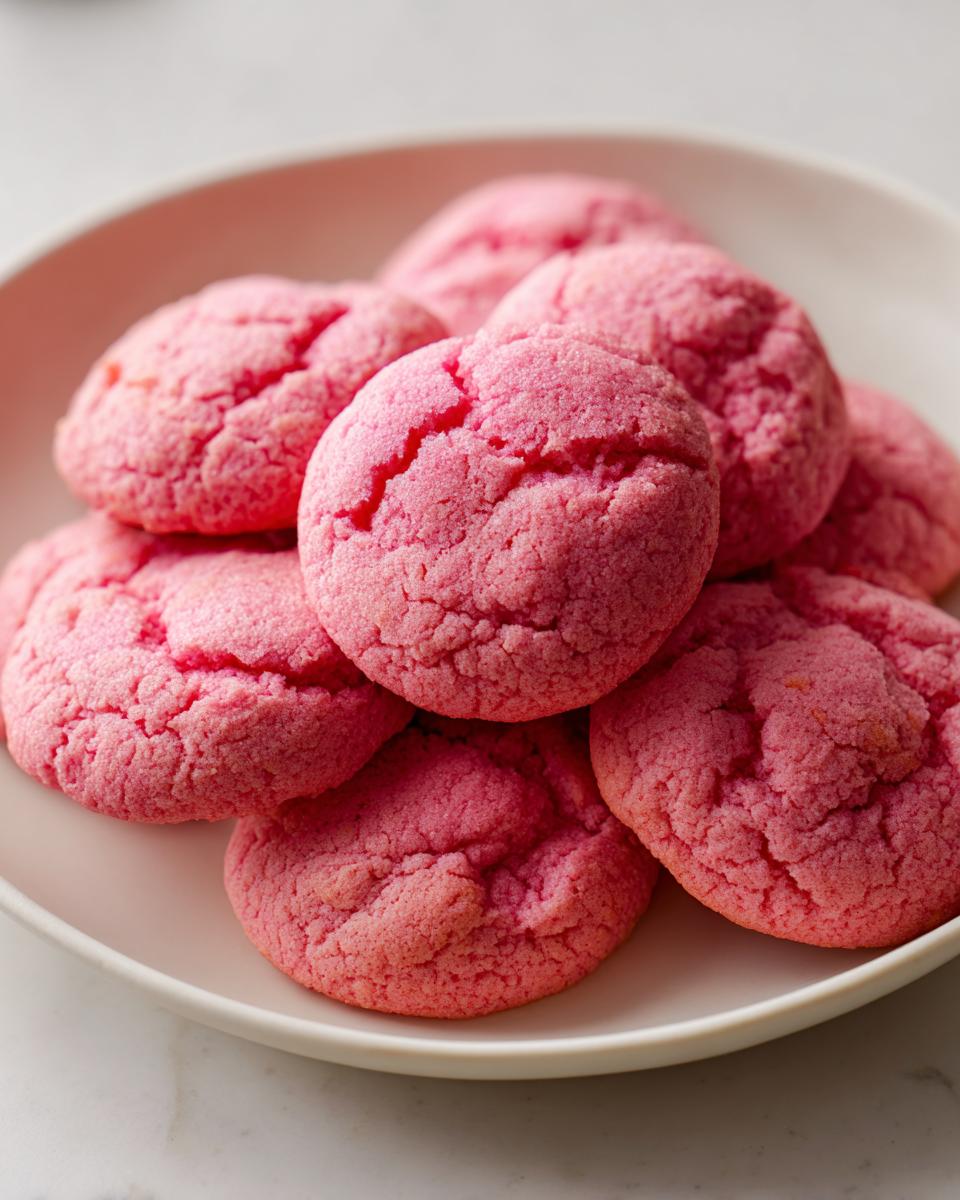 A pile of bright pink, crinkly 3 ingredient strawberry cake mix cookies stacked on a white plate.
