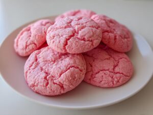 A stack of bright pink, crinkly-topped strawberry cake mix cookies 3 ingredient recipe on a white plate.