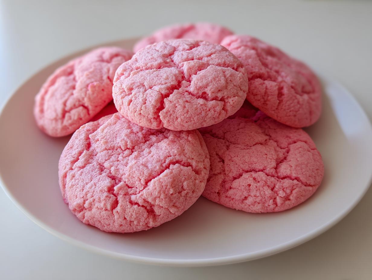 A stack of bright pink, crinkly-topped strawberry cake mix cookies 3 ingredient recipe on a white plate.