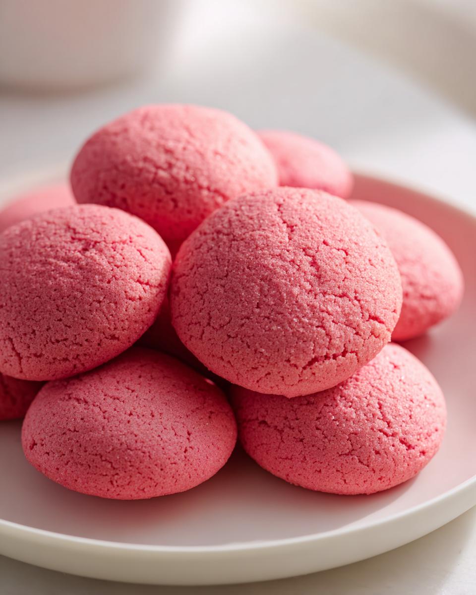 Close-up of several bright pink, crackled 3 ingredient strawberry cake mix cookies stacked on a light plate.