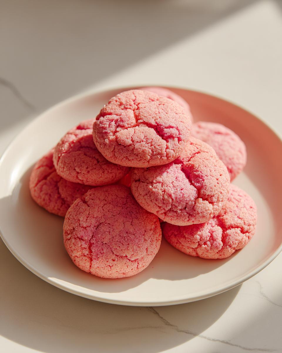 A stack of bright pink, crinkly strawberry cake mix cookies 3 ingredient recipe on a light plate.