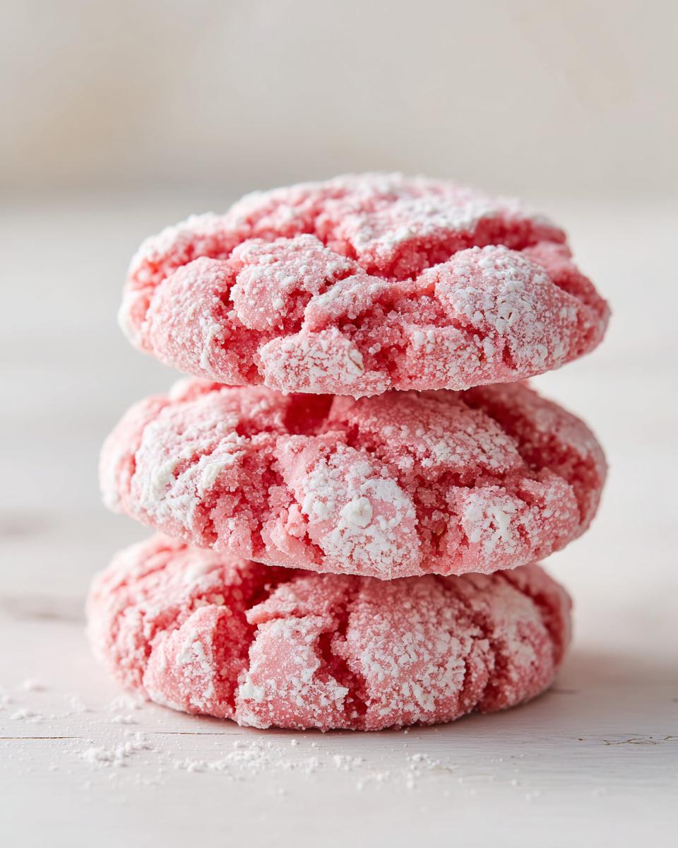 Three bright pink strawberry cake mix cookies stacked vertically, heavily coated in cracked powdered sugar.