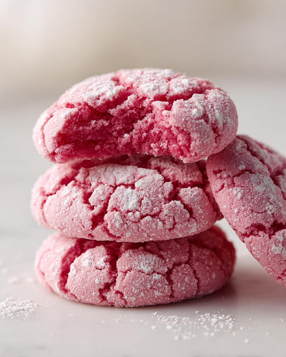 A stack of three vibrant pink, crinkle-topped strawberry cake mix cookies dusted with powdered sugar.