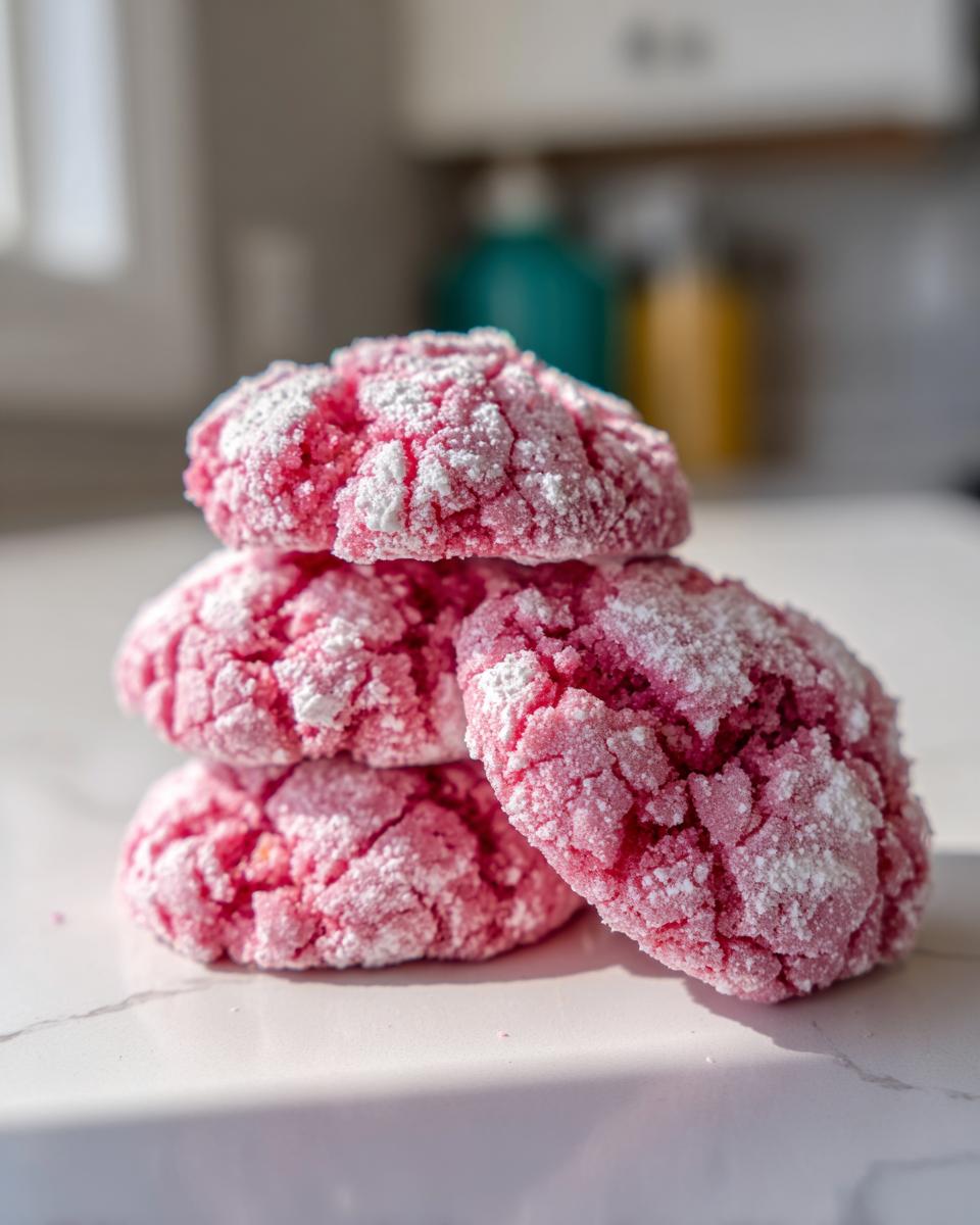A stack of four bright pink, crinkle-top strawberry cake mix cookies dusted heavily with powdered sugar.