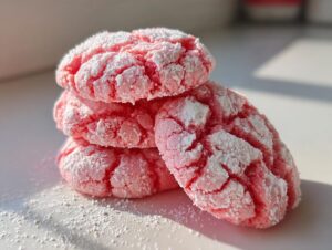 A stack of four bright pink, crinkle-topped strawberry cake mix cookies dusted heavily with powdered sugar.