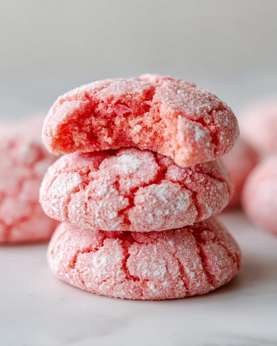 Three stacked strawberry cake mix cookies coated in powdered sugar, with the top cookie having a bite taken out.
