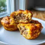 Two halves of golden-brown McGriddle Bites stacked, showing a savory sausage and egg filling inside.