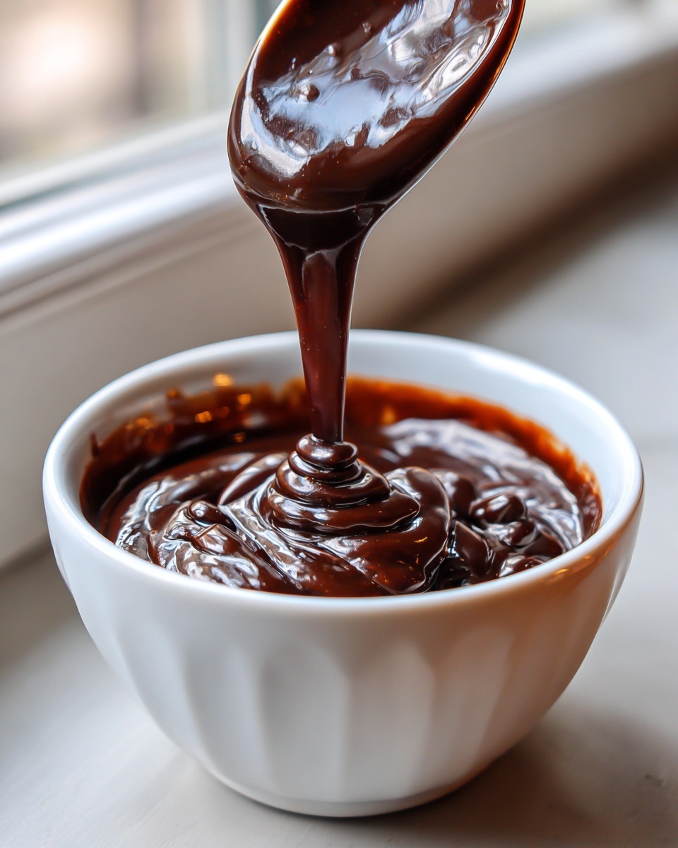 A spoonful of thick, glossy homemade chocolate sauce drips back into a white bowl.