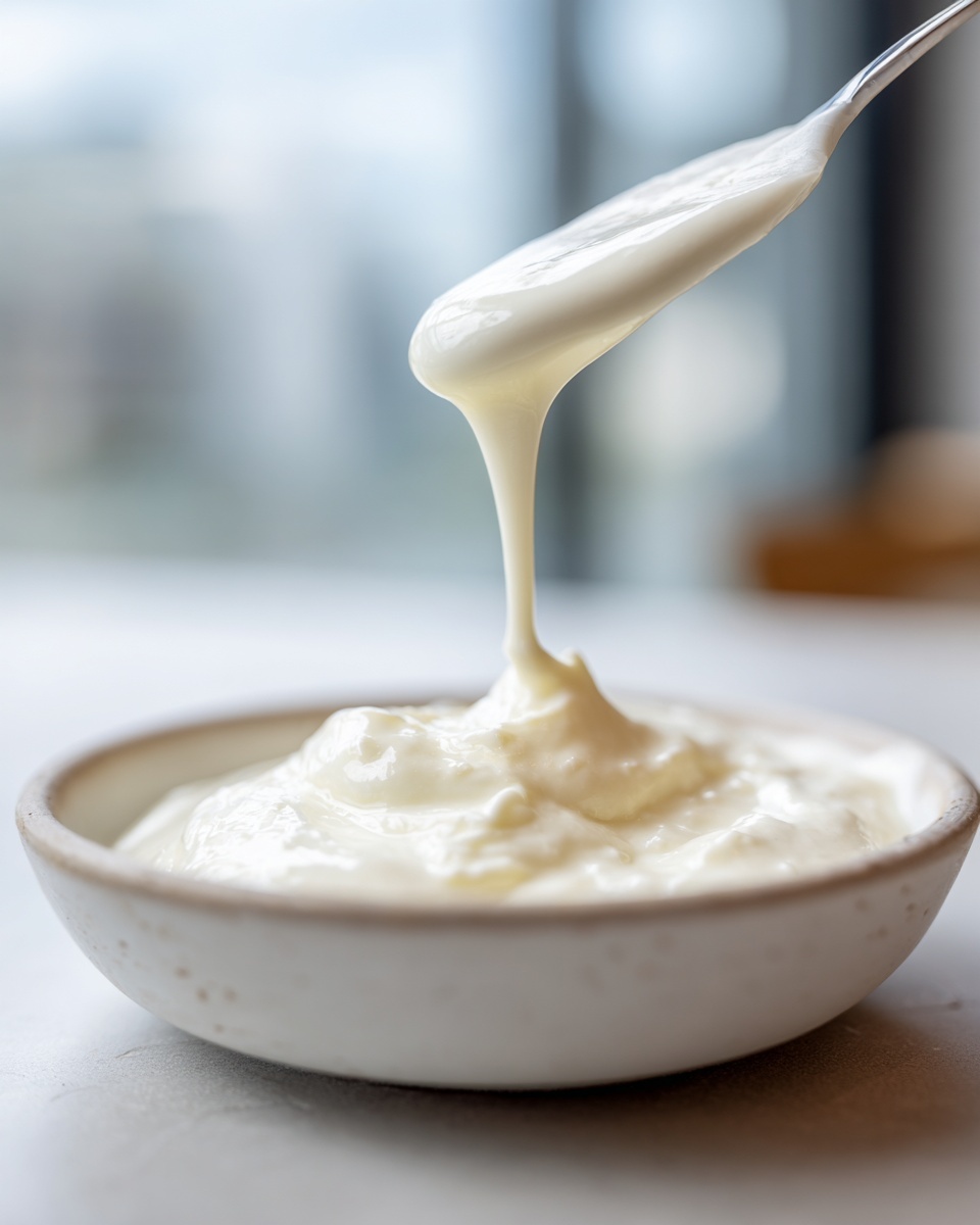 A spoonful of thick, creamy white chocolate sauce is dripping back into a small bowl.