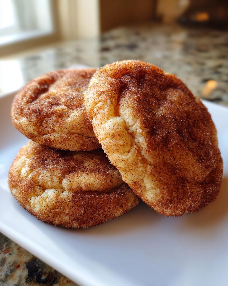 Close-up of three soft, puffy snickerdoodle cookies generously coated in cinnamon sugar resting on a white plate.