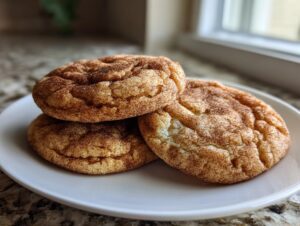Three freshly baked snickerdoodle cookies stacked slightly on a white plate, covered in cinnamon sugar.