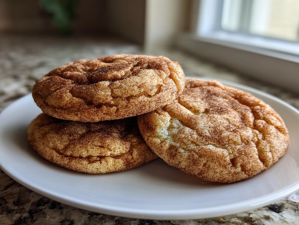 Three freshly baked snickerdoodle cookies stacked slightly on a white plate, covered in cinnamon sugar.