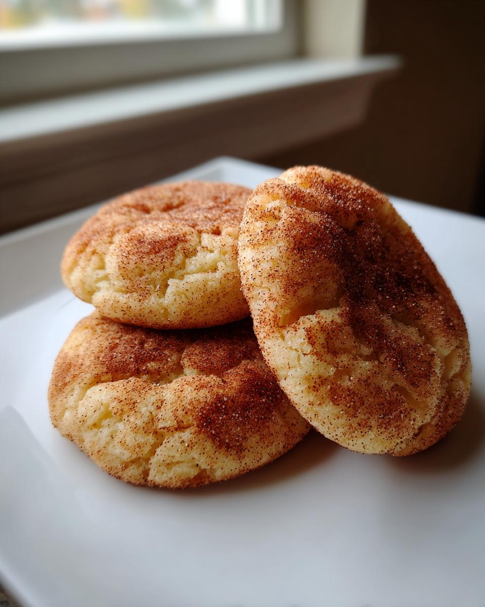 Three soft, chewy snickerdoodle cookies generously coated in cinnamon sugar, resting on a white plate.