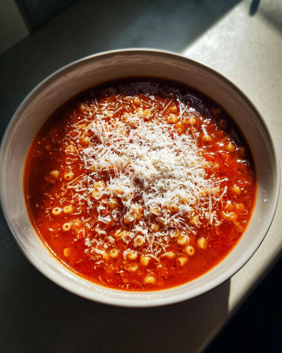A close-up overhead shot of a bowl of rich tomato pastina soup topped generously with grated Parmesan cheese.
