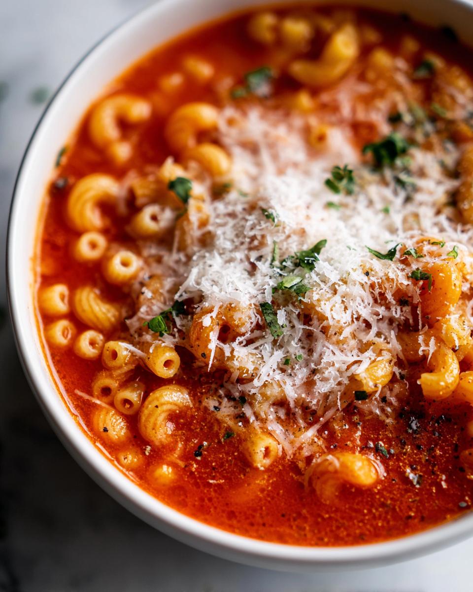 Close-up of a white bowl filled with vibrant red tomato pastina soup, topped generously with grated Parmesan cheese and fresh parsley.