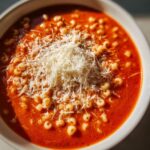 Close-up of a bowl of rich tomato pastina soup generously topped with shredded Parmesan cheese and black pepper.