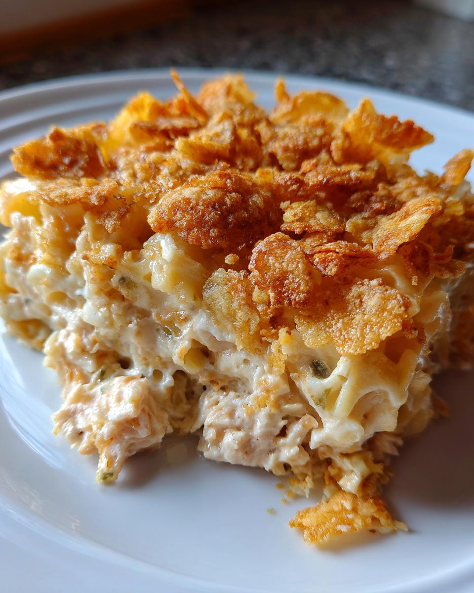 Close-up of a creamy serving of tuna noodle casserole with potato chips topping on a white plate.