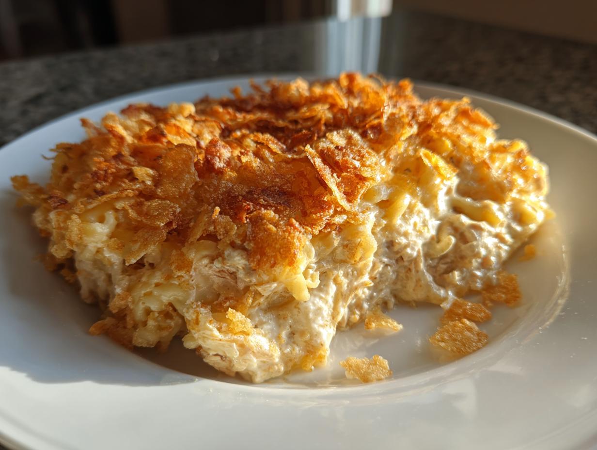 A creamy serving of tuna noodle casserole with a golden, crunchy potato chips topping on a white plate.