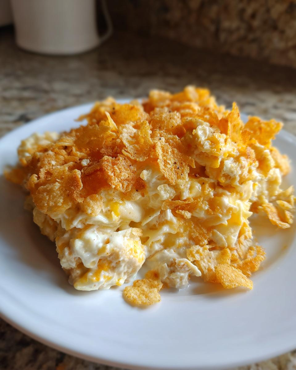 A creamy serving of tuna noodle casserole topped generously with crushed potato chips.