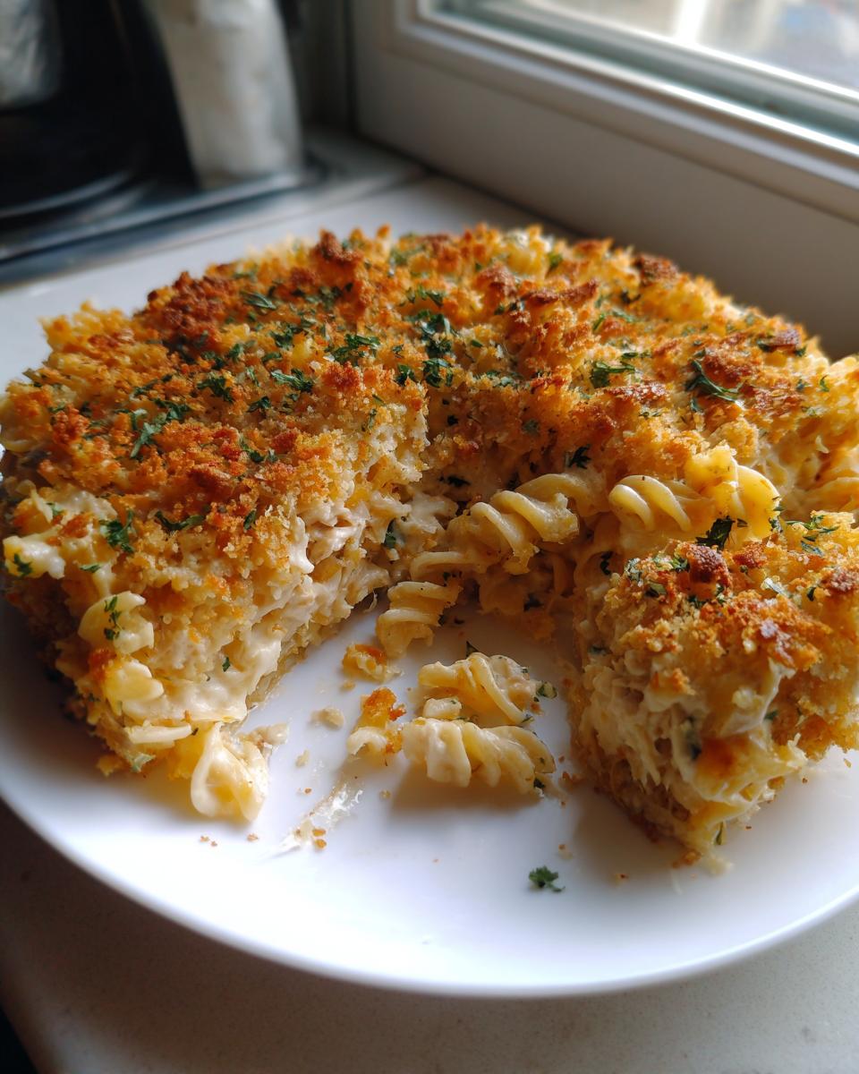 A slice removed from a baked tuna noodle casserole without cream soup, showing creamy interior and crispy breadcrumb topping.