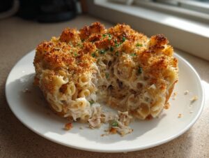 A serving of tuna noodle casserole without cream soup, showing creamy filling and a crispy breadcrumb topping.