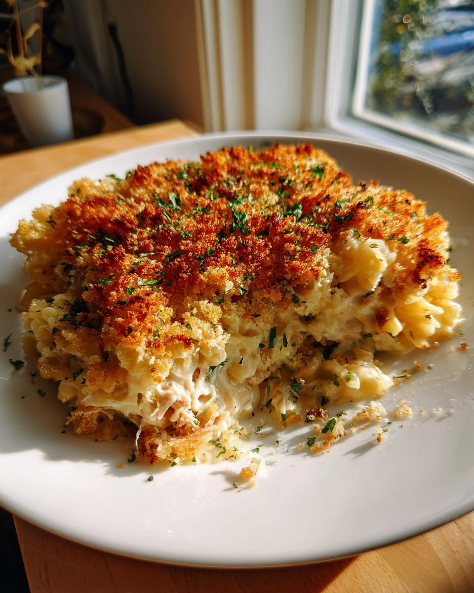 A scoop of creamy tuna noodle casserole without cream soup topped with golden brown breadcrumbs and parsley.