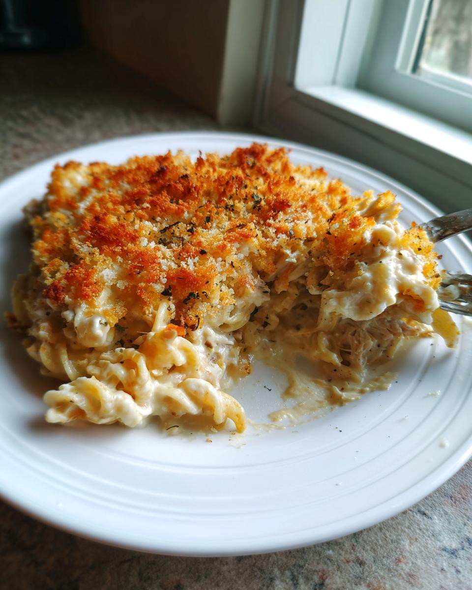 A serving of creamy tuna noodle casserole without cream soup with a crispy, golden breadcrumb topping being lifted by a fork.