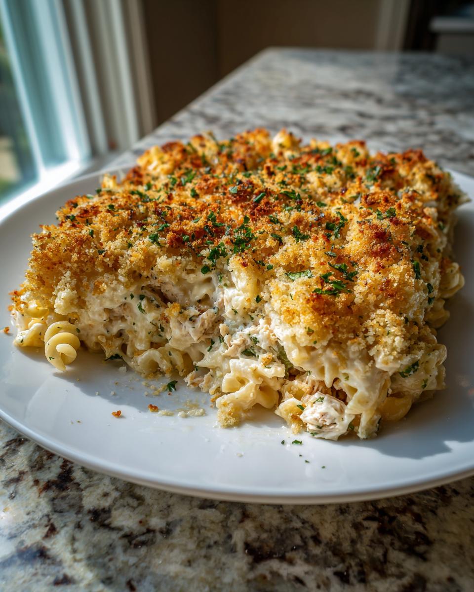 A serving of creamy tuna noodle casserole without cream soup topped with golden breadcrumbs and parsley.
