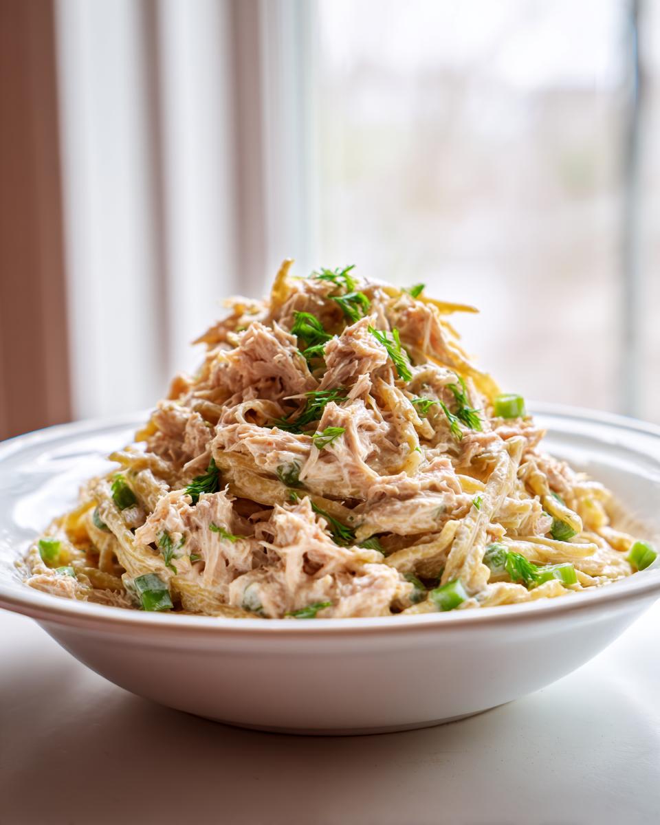 A generous serving of tuna noodle salad cold, mixed with creamy dressing and green onions, piled high in a white bowl.