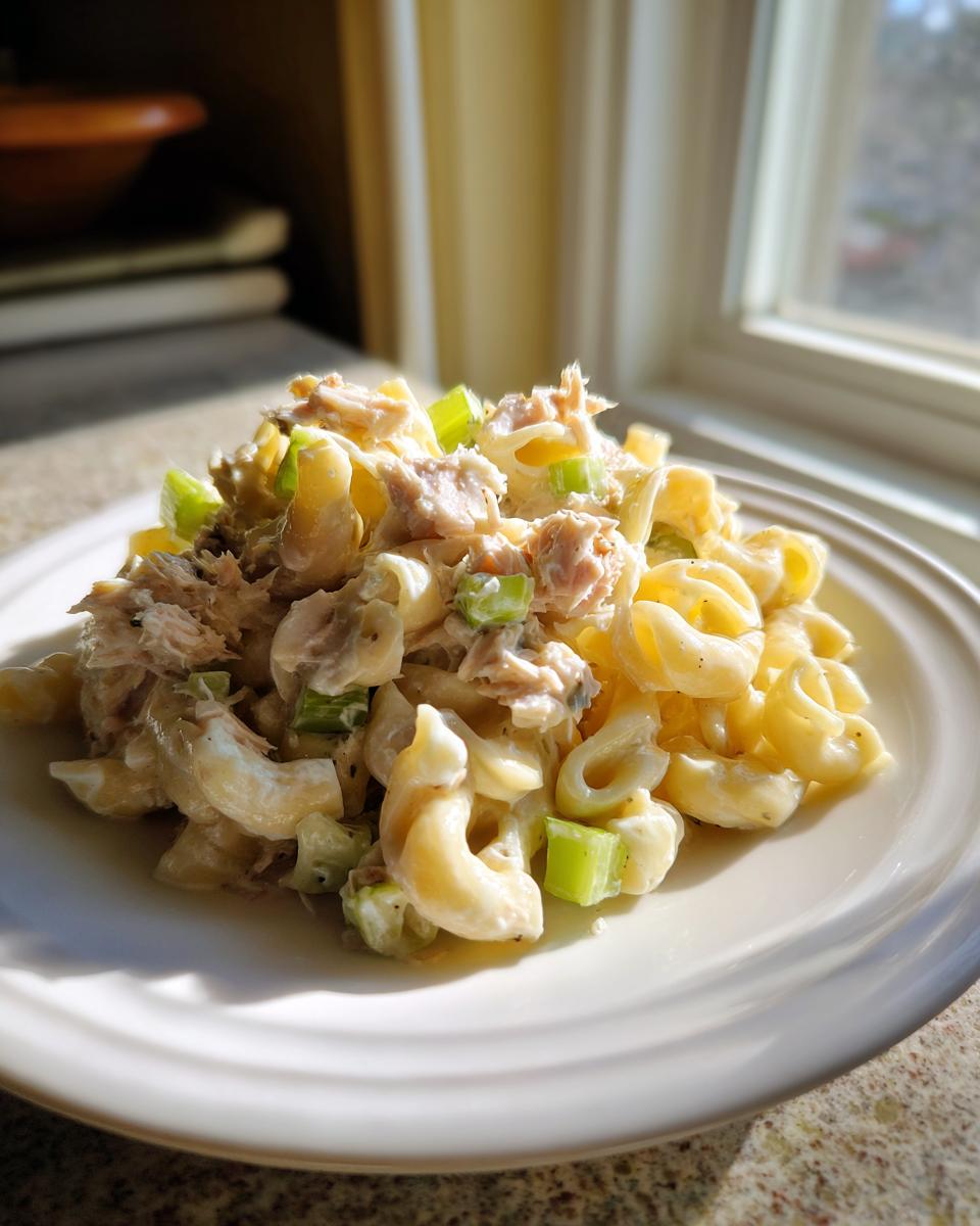 A close-up of cold tuna noodle salad with elbow macaroni, tuna chunks, and diced celery on a white plate.