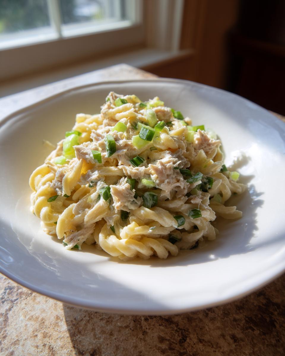 A serving of creamy tuna noodle salad cold made with rotini pasta and topped with chopped green onions.