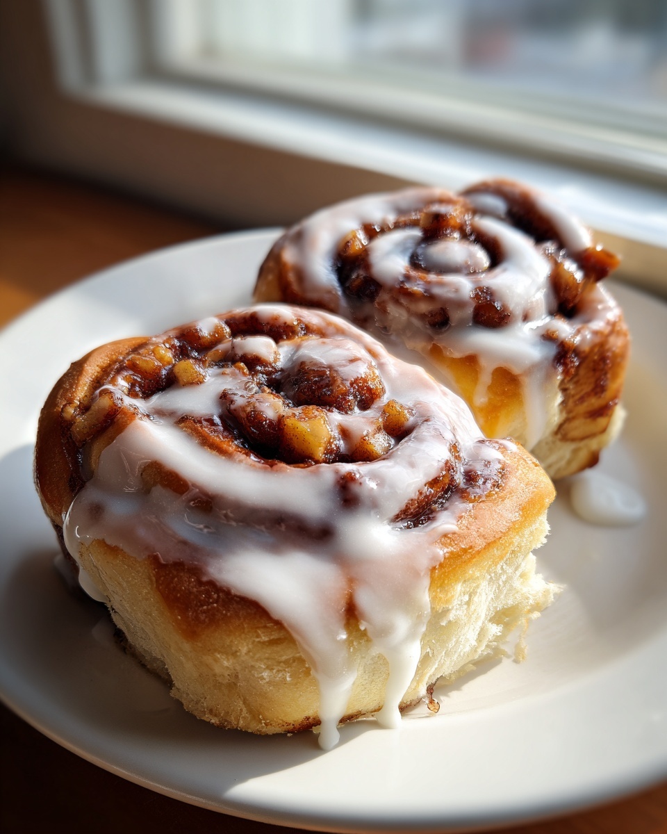 Close-up of two freshly baked apple cinnamon rolls drizzled with thick white icing, sitting on a white plate.