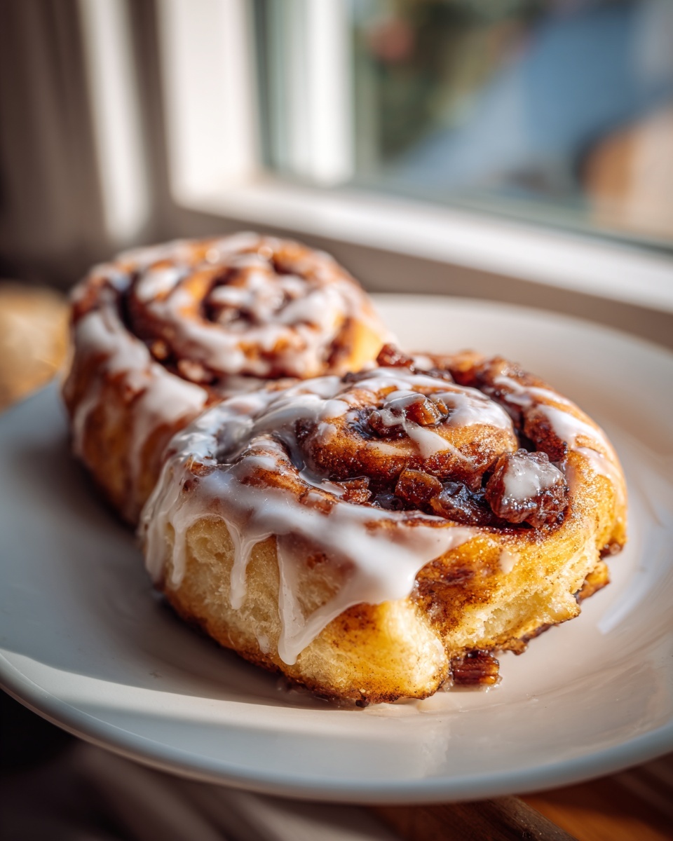 Close-up of two freshly baked apple cinnamon rolls drizzled with white icing, sitting on a white plate.