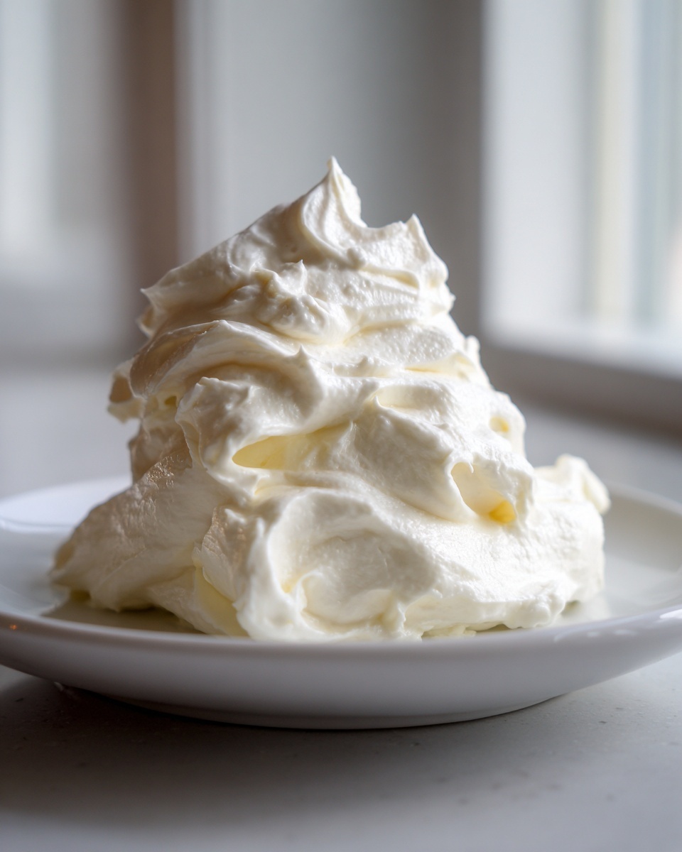 A thick, creamy dollop of homemade white chocolate sauce piped high on a small white plate.