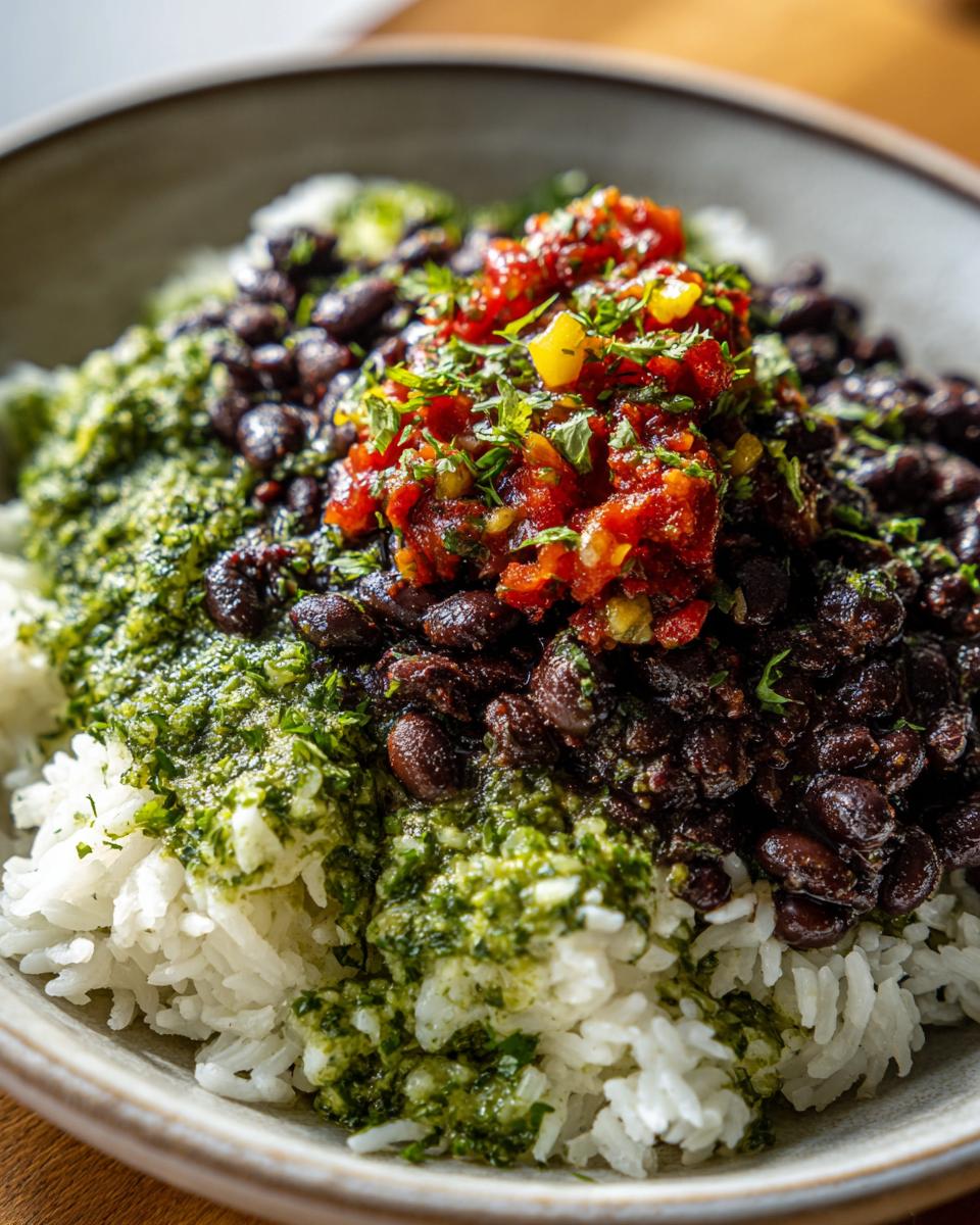 Close-up of a delicious black bean and rice bowl featuring white rice topped with black beans, green sauce, and red salsa.