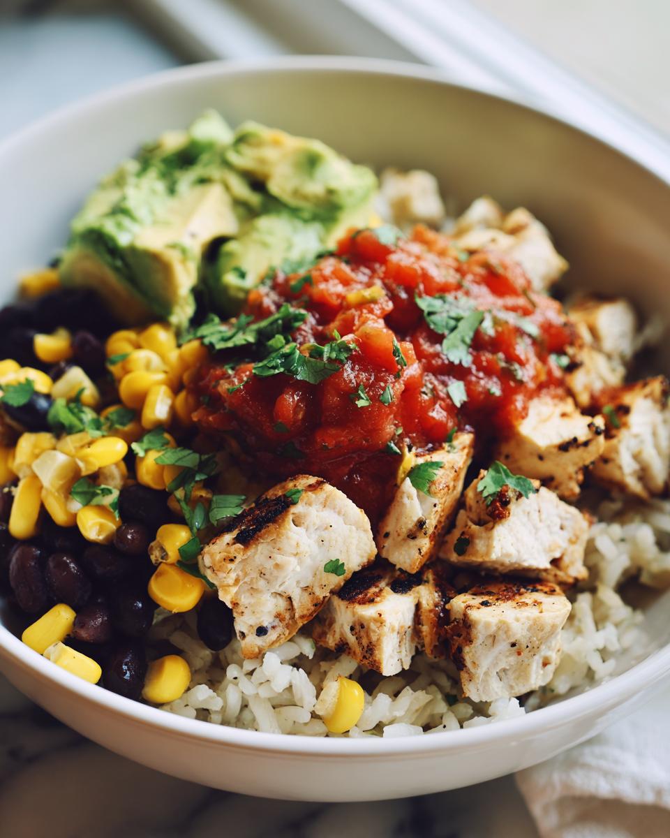 Close-up of a white bowl filled with a delicious chicken burrito bowl featuring rice, grilled chicken, black beans, corn, salsa, and avocado.
