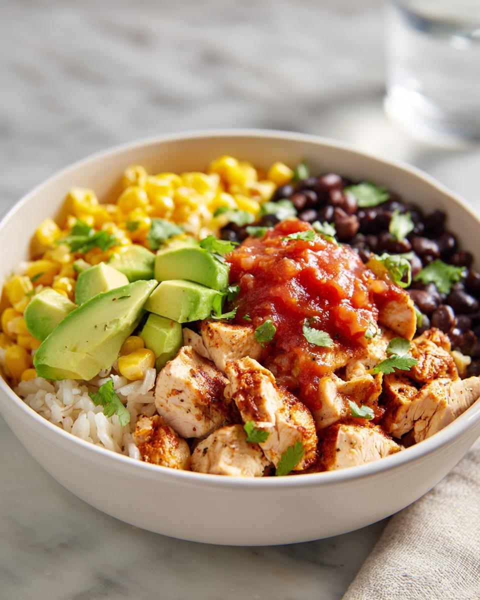 A close-up of a white bowl filled with a delicious chicken burrito bowl featuring seasoned chicken, rice, corn, black beans, avocado, and salsa.