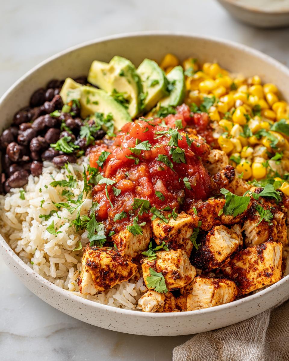 A close-up of a vibrant chicken burrito bowl featuring seasoned chicken, rice, black beans, corn, avocado, and salsa.
