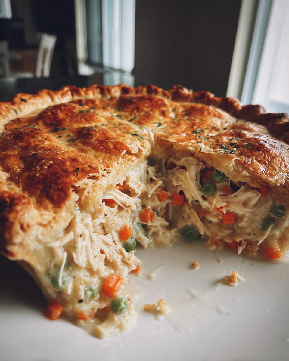 Close-up of a slice cut from a golden-crusted chicken pot pie, revealing creamy filling with shredded chicken, carrots, and peas.
